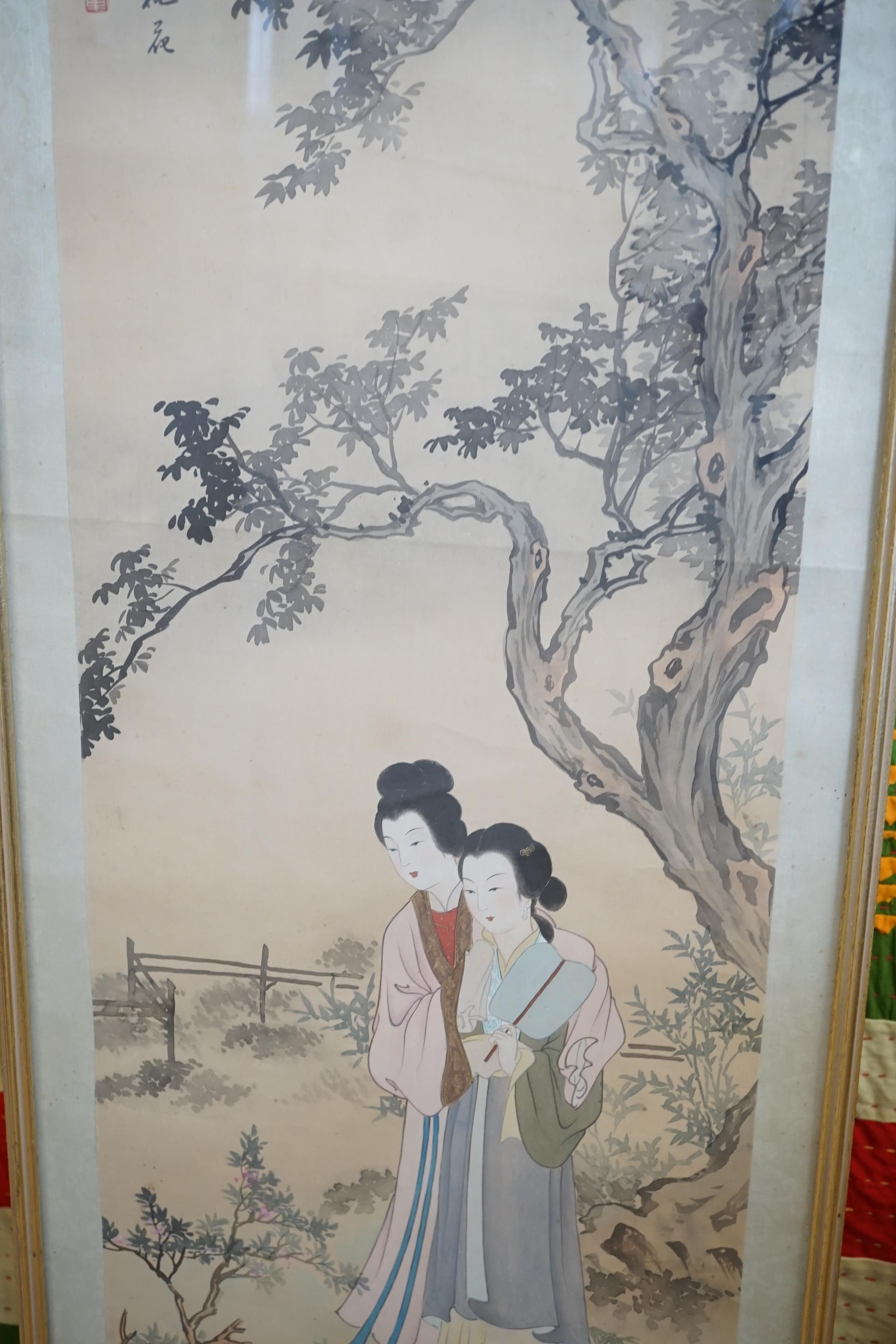 Japanese School, watercolour on silk, Women in a garden, 104 x 28cm